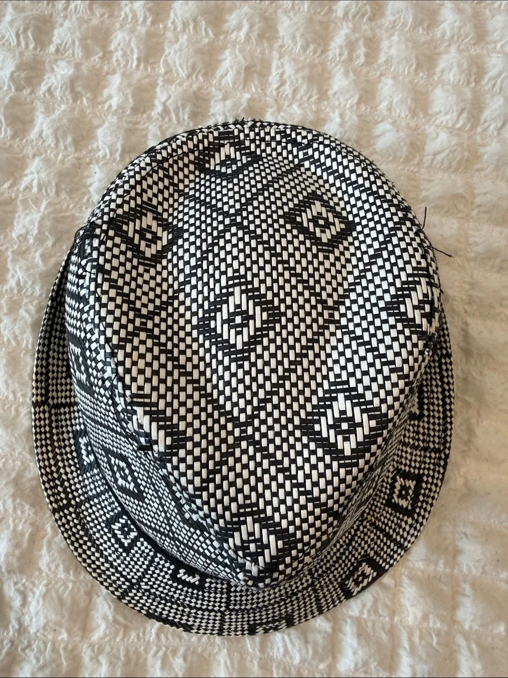 Black & White Patterned Fedora Hat with Black Band